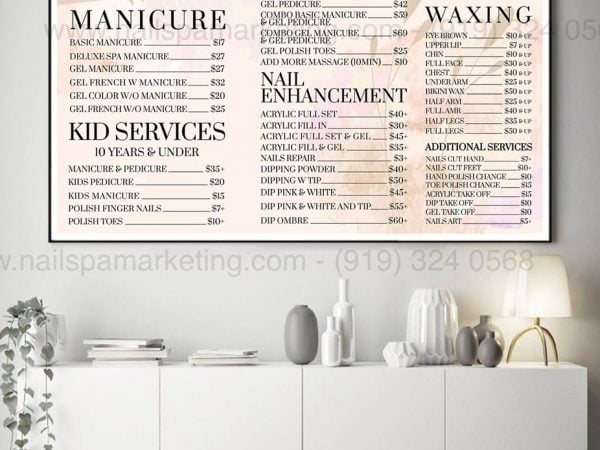 wall menu nail spa salon