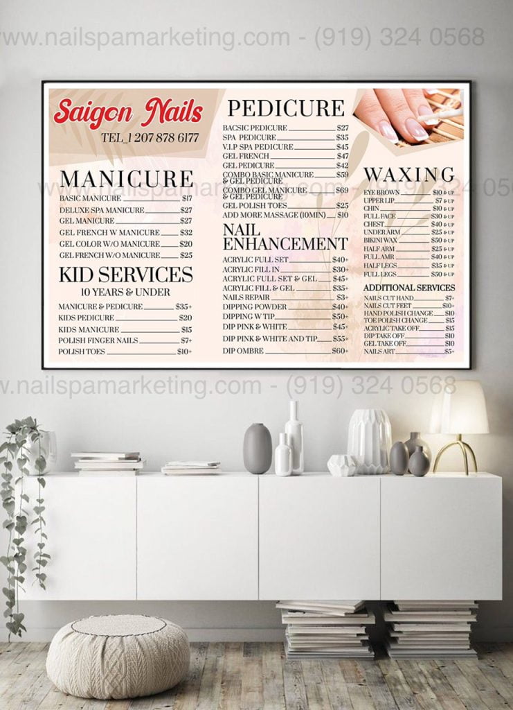 wall menu nail spa salon